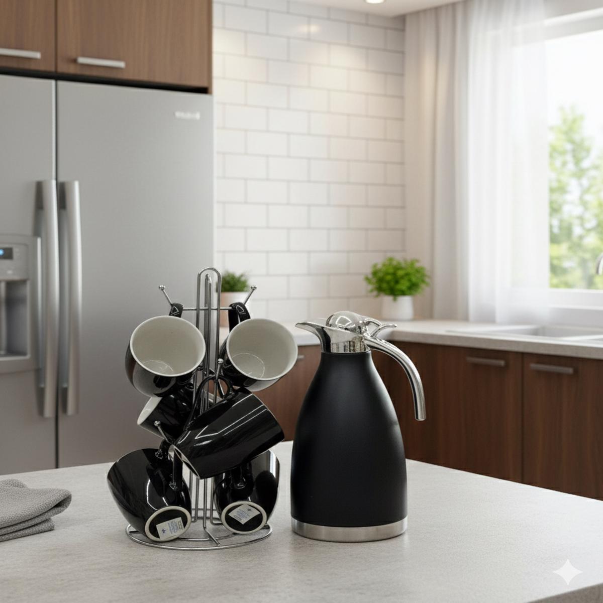 Black Flask and 6 Mugs Set