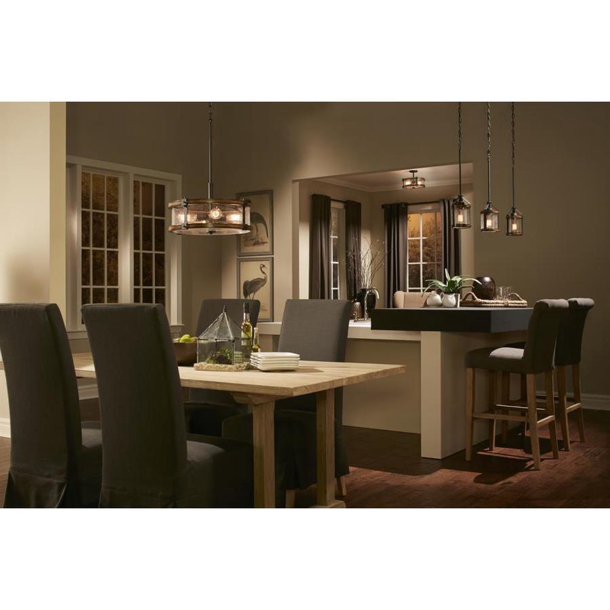 Kichler Barrington Distressed Black & Wood Rustic Seeded Glass Cylinder Mini Pendant Light, 10″ H x 5.5″ Dia