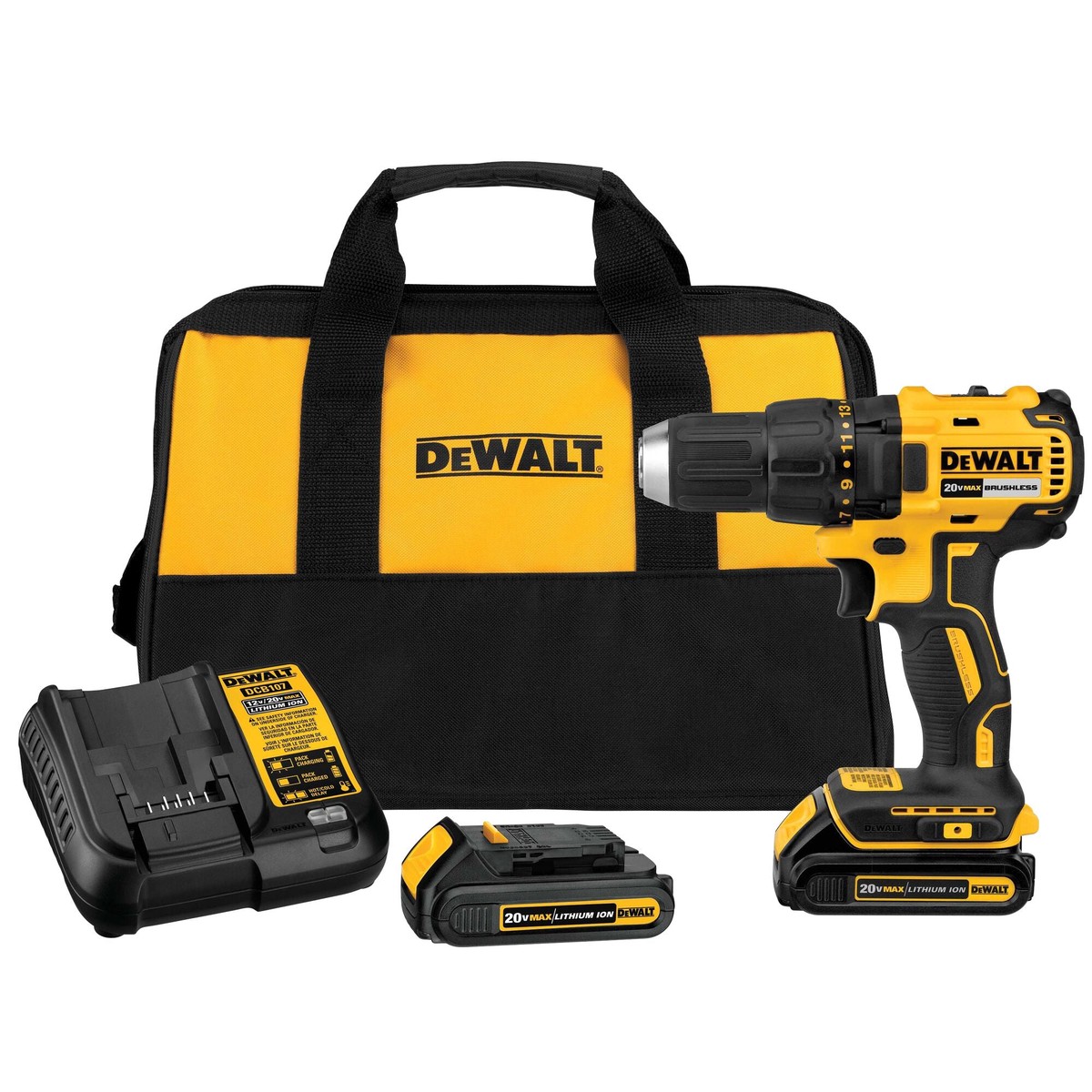 DEWALT 20-Volt MAX 1/2-in Brushless Cordless Drill/Driver Kit, DCD777C2 (2 Batteries, Charger, Soft Bag)
