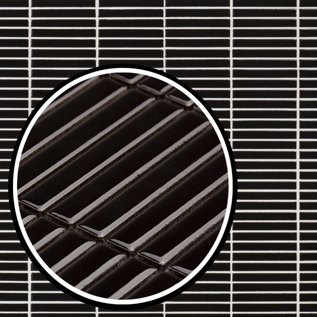 Kai Black Glossy Porcelain Mosaic Tile – 1×4″ Tri-Stacked