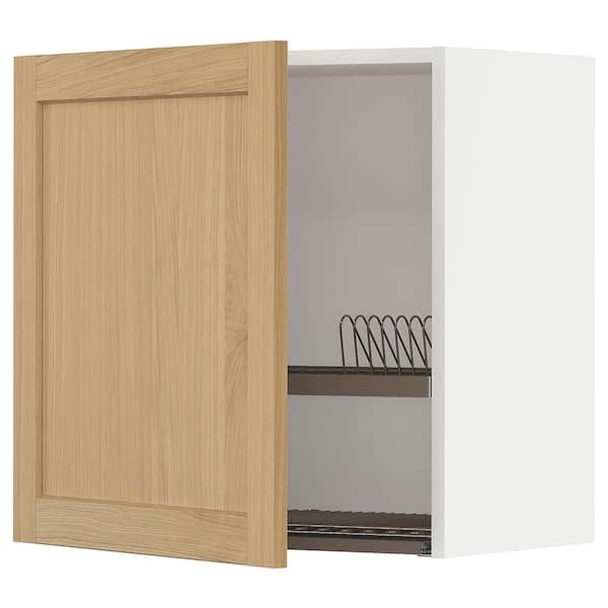 METOD wall cabinet with dish drainer, white/Forsbacka oak, 60×60 cm