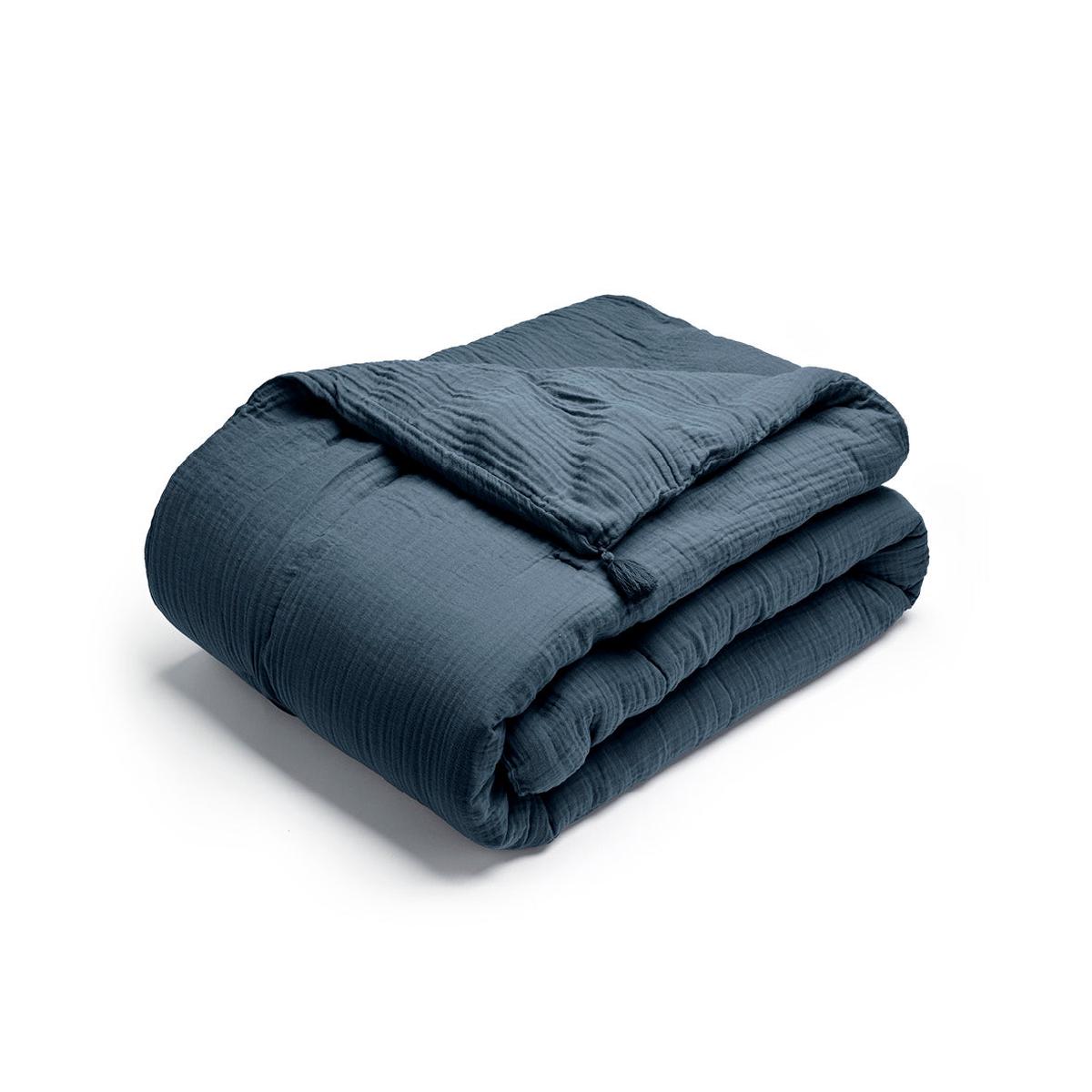 Quilt with tassels cotton gauze – Uni Blue 14 – 140 x 200 cm