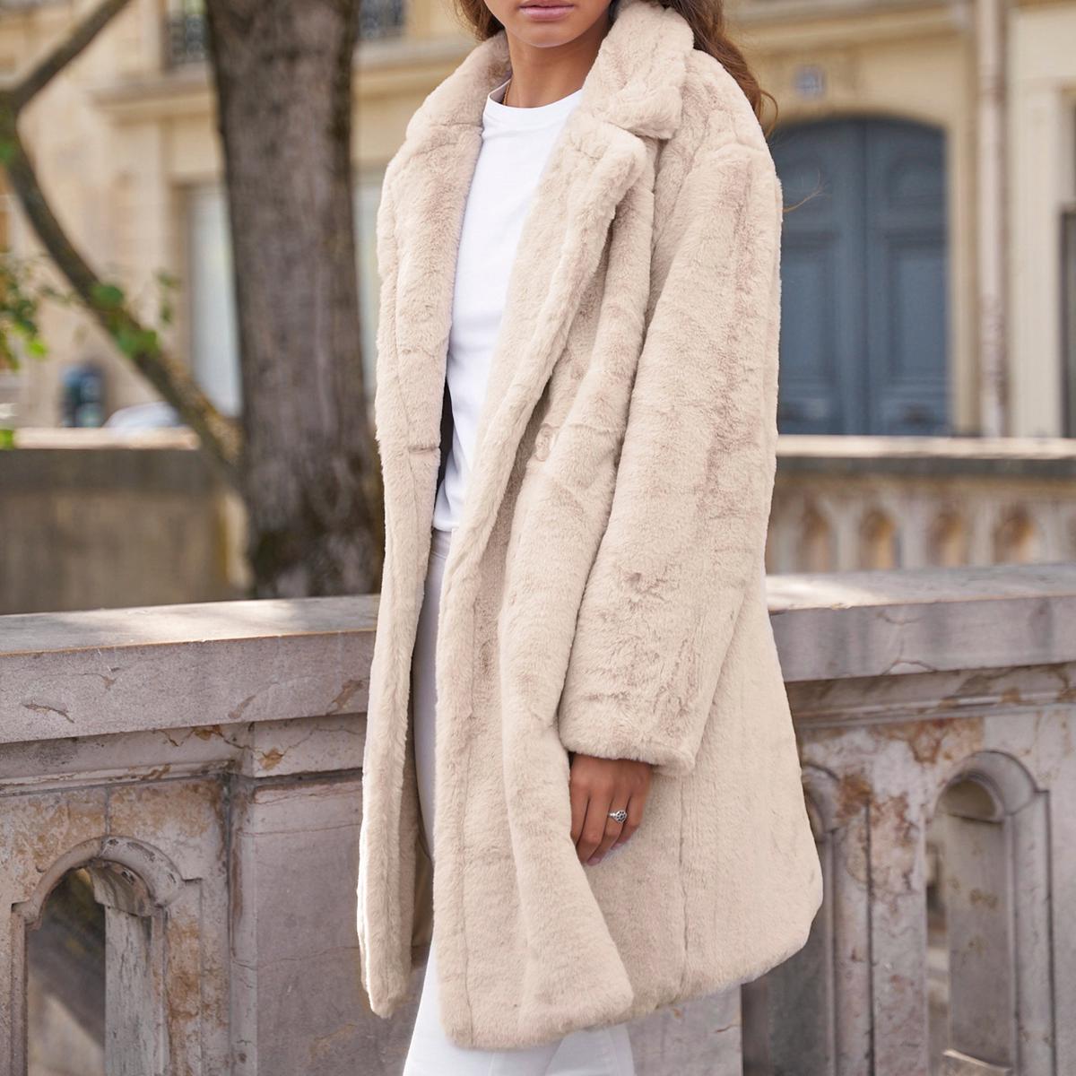 Heated fake fur long jacket – Aurora Taupe