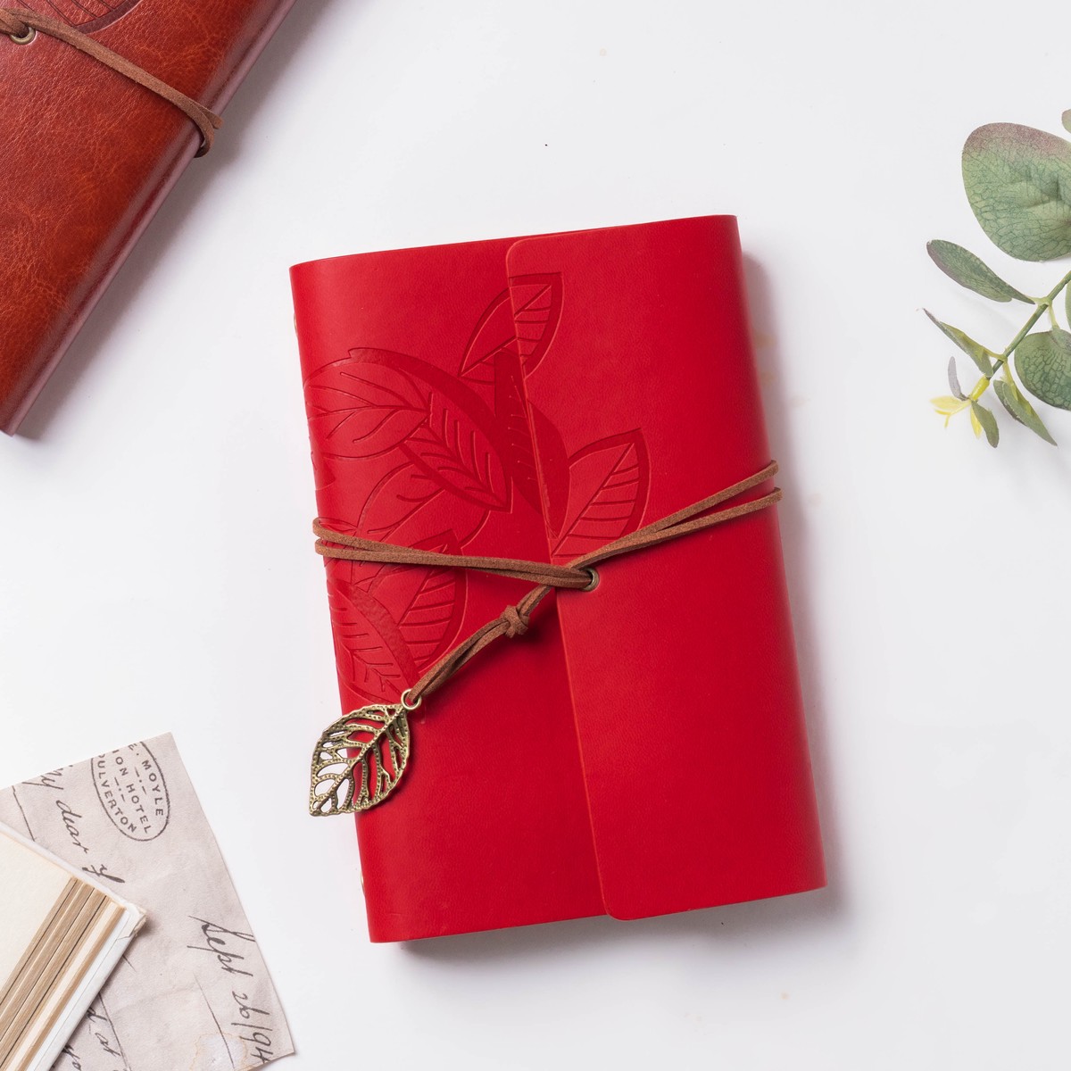 Wanderlust Leather Journal With Leaf Tassel Red 75 Pages