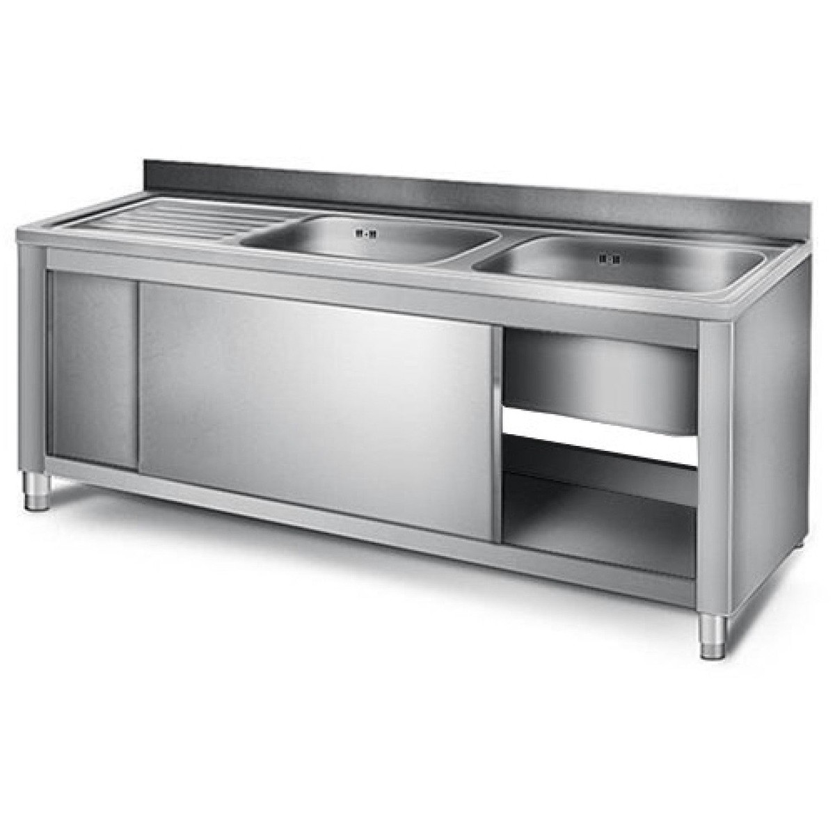 B Grade Commercial Sink With Cupboard Stainless Steel 2 Bowls Right Splashback Width 1400mm Depth 600mm | Vsc146 Rbt B Grade