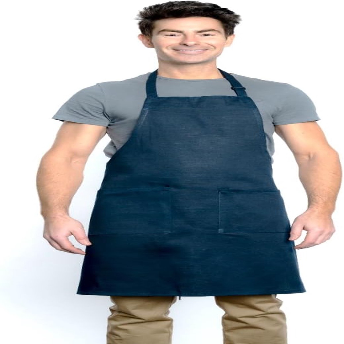 Chef Approved 167BAADJNV 32 Inch Navy Blue Bib Apron with 2 Front Pockets
