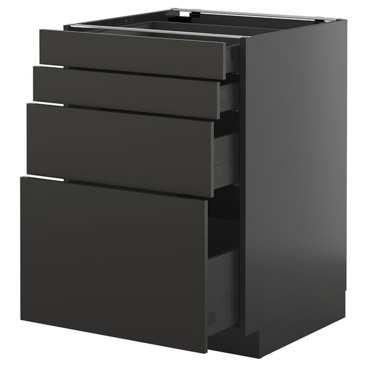 METOD / KNIVSHULT base cab 4 frnts/4 drawers, black-grey/Nickebo matt anthracite, 60×60 cm