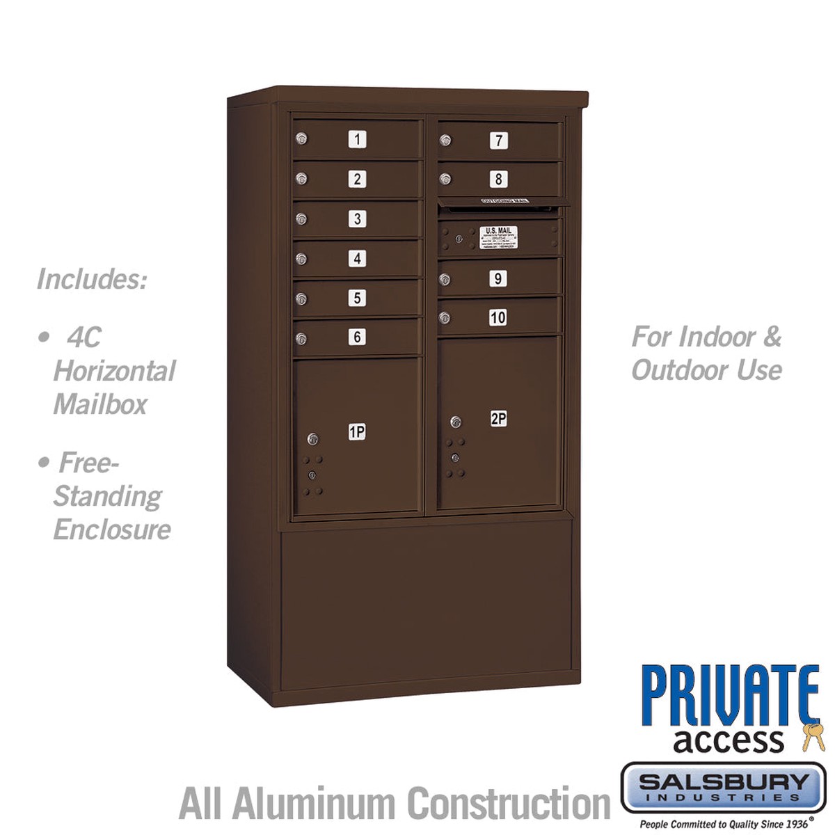 10 Door High Free-Standing 4C Horizontal Mailbox with Parcel Lockers in Bronze