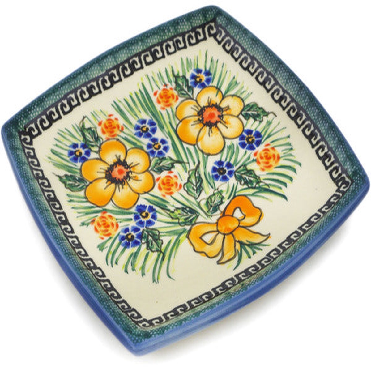 Square Plate 7" Yellow Flower Theme UNIKAT